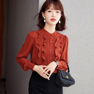 Women's Blouses Real S High Quality Korean Shirts Ruffled Chiffon Shirt Women Long-sleeved Stand-up Collar Top