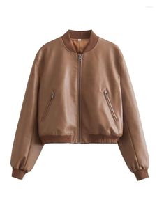 Jaquetas femininas MESTTRAF Mulheres 2023 Moda Y2K Faux Couro Bomber Jaqueta Casaco Vintage Manga Longa Front Zipper Feminino Outerwear Chic Tops