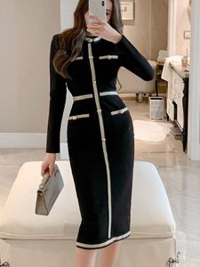 Basic Casual Dresses Fall Winter Highend Luxury Women Long Sleeve Corset Wrap Elegant Dress Ladies Pocket Design Vintage Black 230828