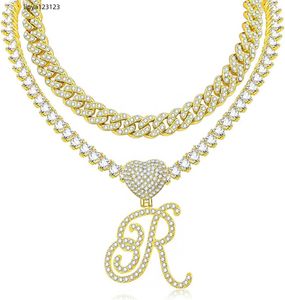 Kohota Gold Cuban Chain Women's Curve Initial Pendant Necklace Layered Heart Shaped Zircon Crystal Chain Shiny Necklace 24k Gold Plated Luxury Hip Hop smycken