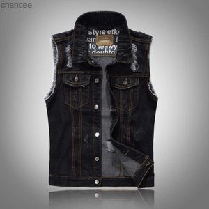 Men Slim Denim Vests Jackets New Fashion Male Orange Fit Denim Coats Vests Large Size Street Wear Holes Jeans Vest Size S-5XL HKD230828