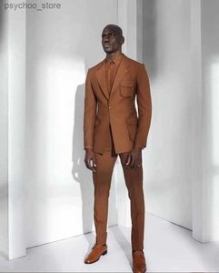 Brun en -knapp Men's Suit Slim Fit 2 Piece Blazer Pants Set Casual Outfit For Men Wedding Groom Prom Dress Male Clothing Q230828