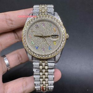 2Tone Gold Stainless Steel Case Watch Colored Arabic Scale Full Diamond Iced Out Man Watches Shiny Good Automatic Movement Watch 41mm