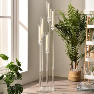 Castiçal acrílico transparente com 5 braços, suporte decorativo para velas, luz de chá, peça central para casamento