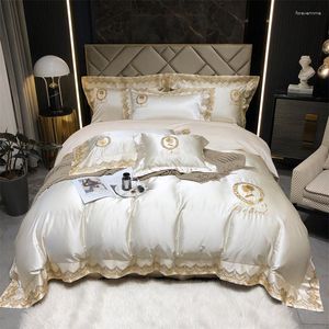 Bedding Sets Champagne Smooth Brocade And Egyptian Cotton Royal Embroidery Luxury Set Lace Edge Duvet Cover Bed Sheet Pillowcases