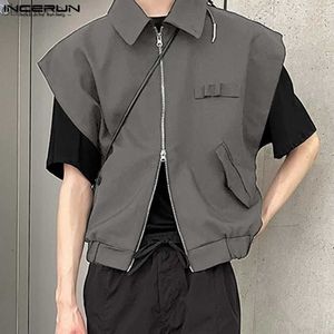 2023 Men Vests Solid Color Zipper Lapel Sleeveless Streetwear Casual Male Waistcoats Korean Style Fashion Vests S-5XL HKD230828