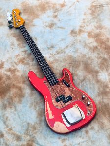 Anpassad elektrisk basgitarr, 4 strängar, åldrande Relic Candy Apple Jazz, röd, hög kvalitet, bästa pris