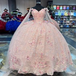 Pink Sweet 16 Quinceanera Dress with Cape 2024 Off Shoulder Appliques Lace With Back Bow Princess Party Gown Vestidos De 15 Anos