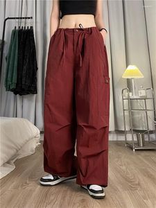 Calças femininas outono mulheres casual baggy solto perna larga calças de comprimento total pantalones americano retro rua hip hop carga vermelho
