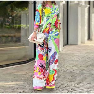 Women's Two Piece Pants Loose fitting long sleeved printed shirt 2-piece set for women's elegant lapel single top for women's fashionable wide leg pants set T230828