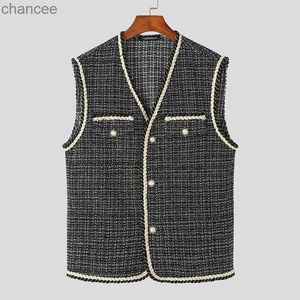 Fashion Men Vests V Neck Sleeveless Patchwork Button Streetwear 2023 Casual Waistcoats Elegant Korean Style Vests S-5XL HKD230828