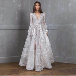 Abiti casual Bianco elegante ricamo in pizzo maxi abito da sposa per le donne profondo scollo a V in tulle abiti da sera formali da donna Brithday Party