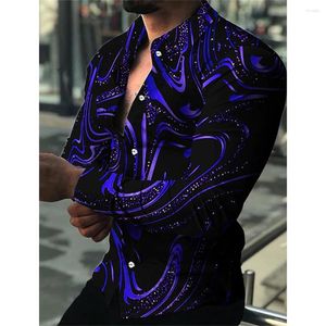 Mäns avslappnade skjortor 2023 Fashion Shirt Enkakande lila turbulenstryck Långärmad toppkläder Hawaiian Cardigan XS-5XL