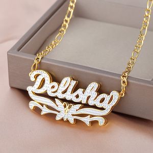 Pendant Necklaces Customized Butterfly Necklace With Name Double Layer Two Tone Flower Personalized For Women Jewelry 230828