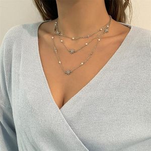 Pendant Necklaces Vintage Silver Color Faux Pearl Clear Crystal Chain Sun Necklace For Women Female Boho Fashion Multilevel Choker Jewelry