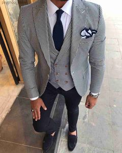 Men's Houndstooth Three Piece Suit Men's Slim Fit Dress Suit Fashion Plaid Checked Blue Purple for Wedding (Jacket+Pant+Vest) Q230828