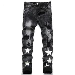Mens Jeans EH MD Star Embroidered Leather MicroChannel Stitching Cotton High Stretch Slim Pants 3D Street Gradient Art23 230921