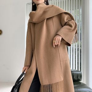 Женское пальто с шарфом-тотемом, двустороннее шерстяное пальто средней длины, шерстяное пальто со шнуровкой, пальто с шарфом, осенне-зимние теплые дизайнерские куртки, женские 149