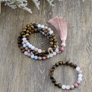 Pendant Necklaces 8mm Tiger Eye Rhodochrosite Pink Quartzs Healing Nature Gemstones Beads Mala Yoga Necklace for Women Jewelry Gift Edo2218