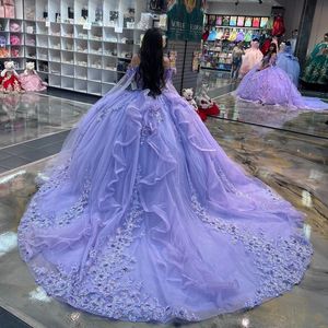 Lavanda querida princesa brilhante quinceanera vestidos de baile apliques rendas com capa doce vestidos de 15 quinceanera 16