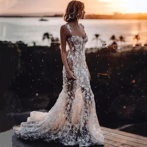 Abiti sexy urbani YunShang Matrimonio a sirena con applicazioni di pizzo 3D Backless Beach Senza maniche Abito da sposa Cerniera Treno Robe De marie 230828