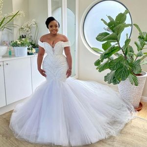 Urban Sexy Kleider Plus Size Perlen Tüll Meerjungfrau Hochzeit Schulterfrei Spitzenapplikationen Afrika Brautkleid Aso Ebi Kleider 230828