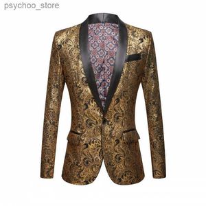 Men's gold plated black collar suit Set Wedding Gold Floral Pattern Slim Fit Party Prom Dress Tuxedo Singers Come jacket Q230828