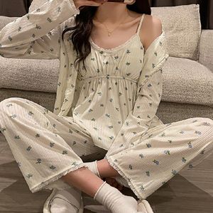 Womens sleepwear fdfklak senhoras pijamas conjunto 3 pçs cardigancamisolecalças algodão femme primavera outono conforto solto homewear 230828