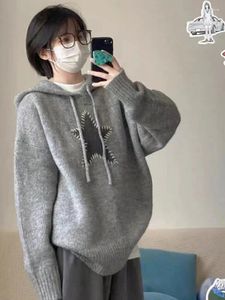 Swetery kobiet Deeptown Vintage Gray OversizeSed Sweter Women Harajuku Kpop Star Hoodoved Pullover Lazy Casual Knitwear Y2K Tops Retro