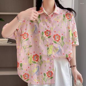 Blusas femininas verão solto floral impressão camisa roupas femininas rosa cor branca manga curta turn down collar blusa feminina topos u128