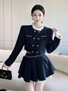 ツーピースドレス高品質のファッションレースパッチワークスモールフレグランス2セット女性服ロングスリーブショートジャケットコートミニスカートスーツ230828