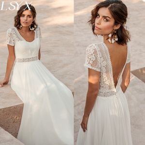 Urban Sexy Dresses LSYX Chiffon V Neck Boho Wedding Dress For Women 2023 Short Sleeves Floor Length Backless Bridal Gown Robe De Marie Custom Made 230828