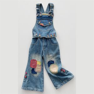 Ins meninas jeans macacão moda crianças colorido bordado denim suspender calças crianças removíveis cowboys calças s0449