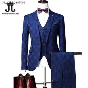 (Jacka+Vest+Pants) Boutique Fashion Plaid Men's Casual Business Office Suit Three Piece Set Groom's Wedding Dress Slim Suits Q230828