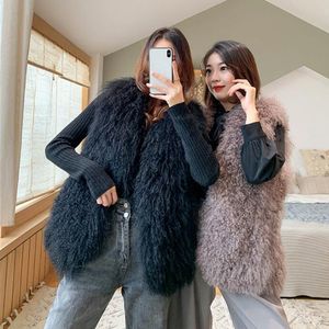 Womens Fur Faux Real Sheep Vest 100% Natural Mongolia Gilet Pure Long äkta överdimensionerad KSR801 230828