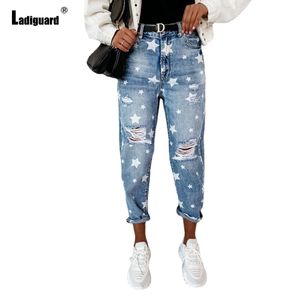 Jeans Ladiguard Star tryckt kvinnor Sexiga jeans Demin Pants Slim Bottom Mid midja Femme Hole Ripped Jeans Womens Autumn Denim Trousers