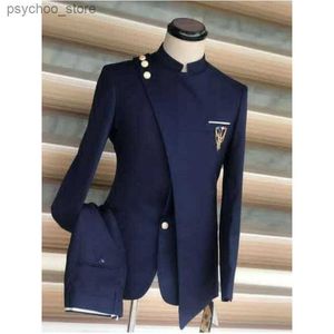 Latest Special Design Navy Blue Stand Collar Men Suits for Business Wedding Groom Slim Fit Tuxedo 2Pcs Blazer Jacket+Pant Q230828