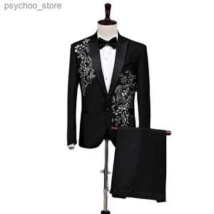 Flower Sequin Black Suit Blazer for Men Party Wedding Groom Stage Prom Clothing Peak Lapel Single Button Blazer Pants 2pcs Set Q230828