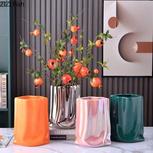 Vasos plissados textura vaso de cerâmica banhado a ouro vasos de plantas decoração de mesa flores vasos decorativos arranjo de flores floral 230828