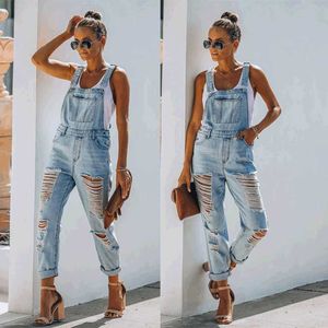 Women's Jumpsuits Rompers Women's torn denim jumpsuit fashion casual loose pocket ultra thin solid blue shoulder strap jeans Trousers work clothes T230825