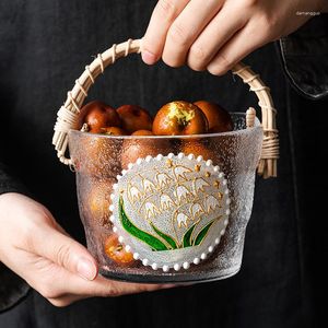 Piatti Vassoio di frutta in vetro dipinto a mano Soggiorno Per uso domestico Tavolino da caffè di lusso di fascia alta in rattan intrecciato Frui portatile