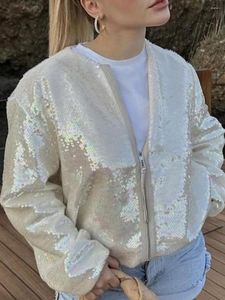 Women's Jackets YILEEGOO Women S Sequin Bomber Jacket Casual Long Sleeve Round Neck Zipper Loose Sparkle Coat Streetwear