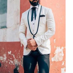 Men s Suits Blazers 2 Piece White Wedding Tuxedo Slim Fit Men with Navy Blue Pants Shawl Lapel Male Fashion Jacket Latest Style 230828