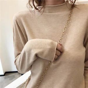 Suéter feminino meia gola alta outono/inverno 2023 pulôver fino suéter curto malha de manga comprida