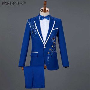 Royal Blue paljetter broderi kostym män bröllop brudgummen smoking kostymer byxor mens en knapp topp lapel scen come traje hombre 2xl q230828