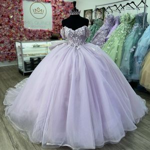Блестящие платья с лавандой Quinceanera с плеча бабочек кружева vestidos de 15 Anos День рождения платье для вечеринки 0417
