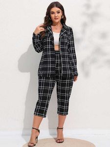 Finjani Plus Size Women Blazers Plaid Button Front Suit Sets Casual Blazer Cropped Pants New Autumn And Winter Clothing HKD230825