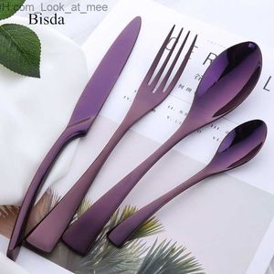 4 pezzi Set di posate viola Set di stoviglie in acciaio inossidabile blu Coltello Forchetta Forchetta da tavolo Set da tavola nero Trasporto di goccia Q230828