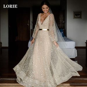 Urban Sexy Dresses Lorie Glitter spets bröllopsklänning en linje V -hals boho brud puffhylsa klänningar vestidos de novia backless 230828