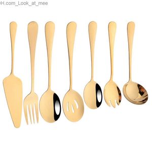 7Pcs Gold Stainless Steel Dinnerware Set Soup Spoon Colander Spoon Service Spoon Salad Fork Cake Spatula Kitchen Home Tableware Q230828